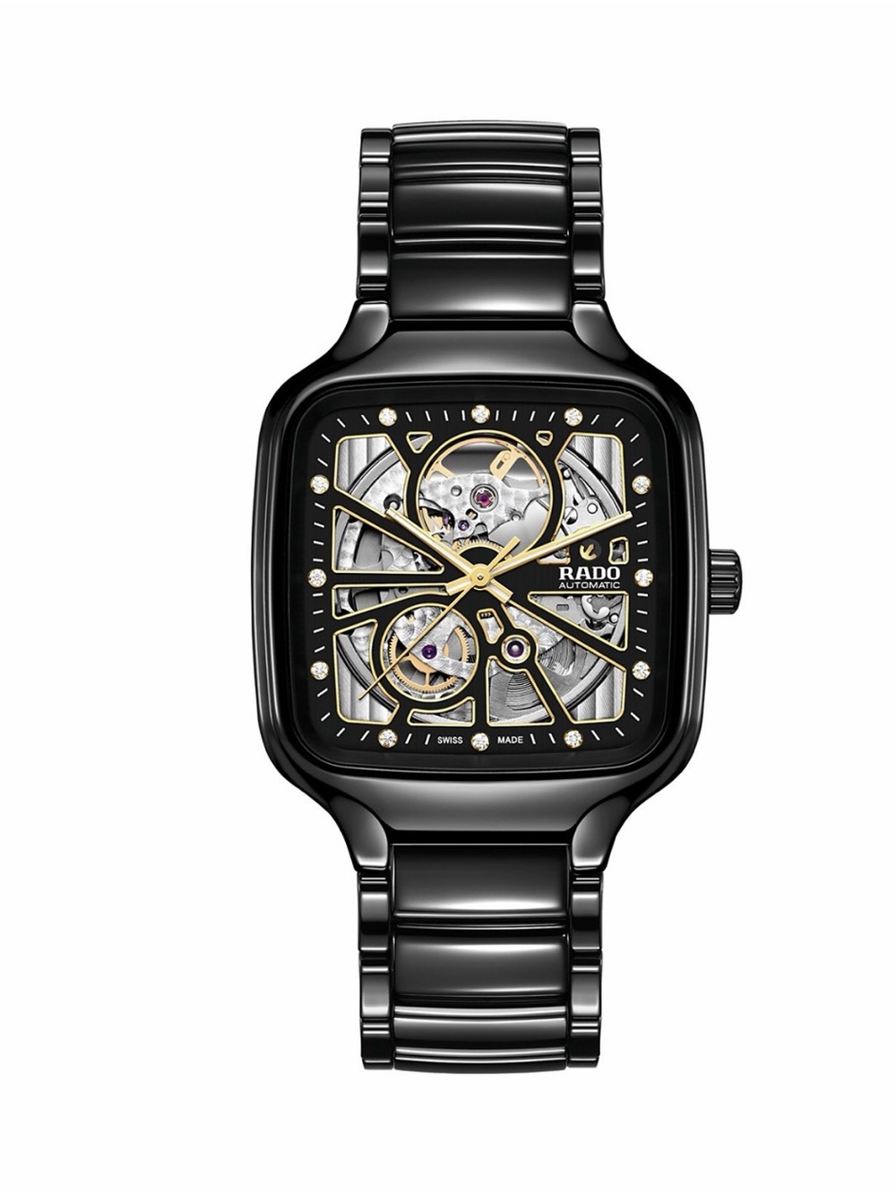RADO Black Ceramic Skeleton Automatic Watch with Gold Accents